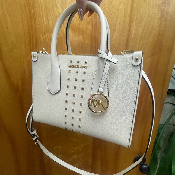 Michael Kors Small Crossbody Purse White and Gold Studded - Picture 4 of 5
